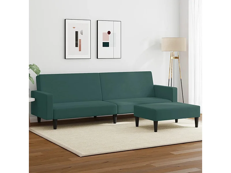 Canapé convertible à 2 places avec repose-pied vert foncé velours FR76546