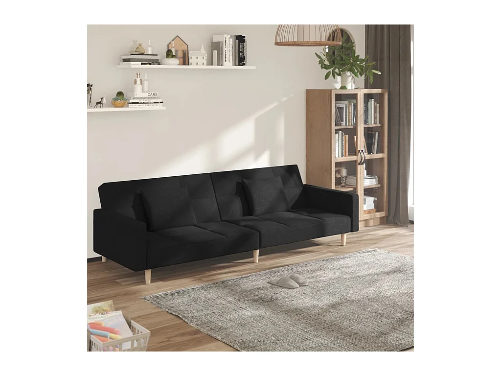 Canapé convertible à 2 places avec deux oreillers noir tissu FR39404