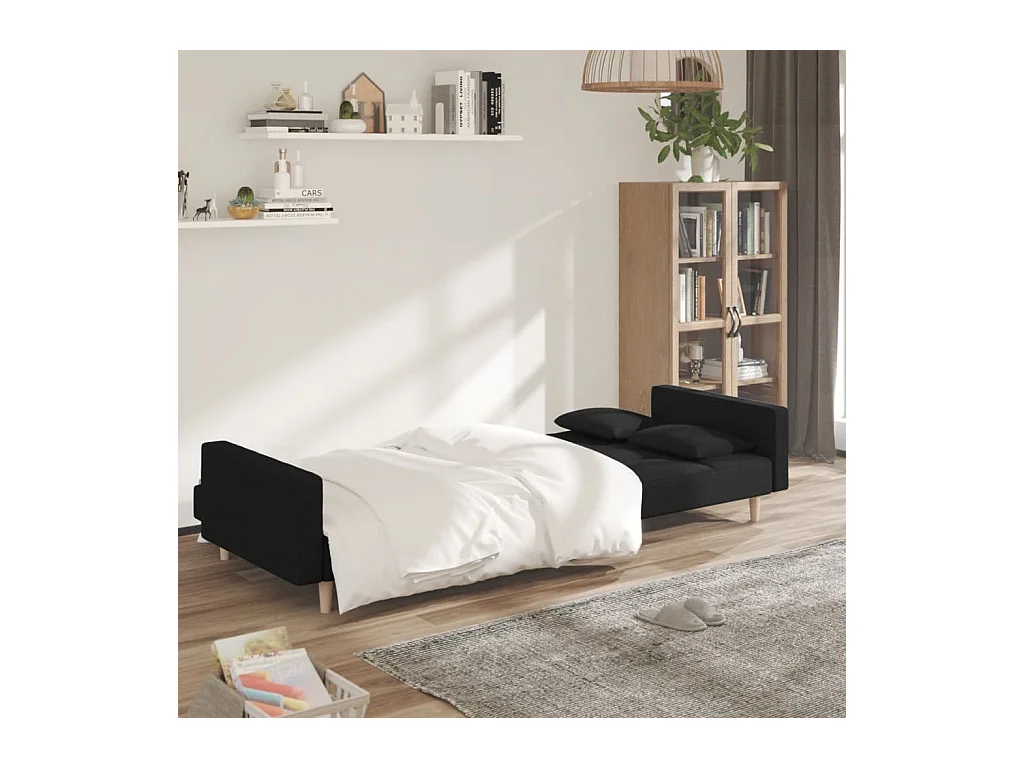 Canapé convertible à 2 places avec deux oreillers noir tissu FR39404