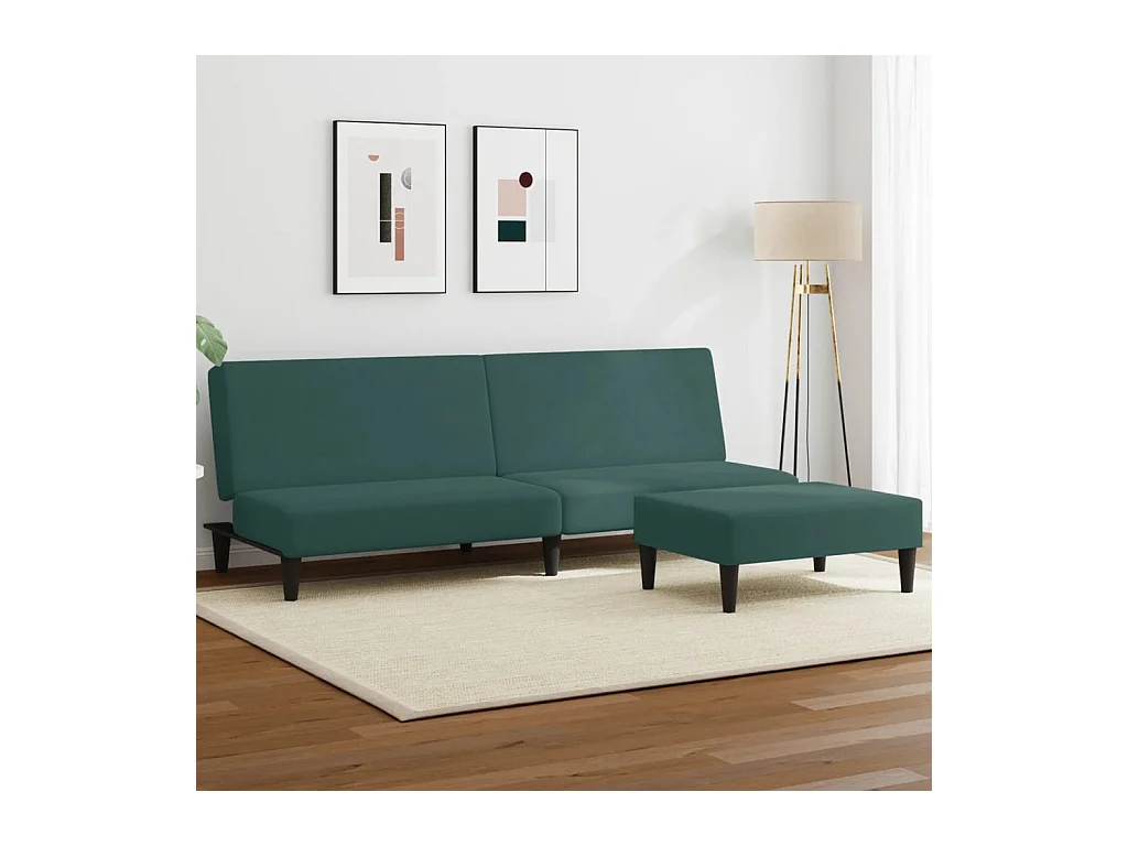 Canapé convertible à 2 places avec repose-pied vert foncé velours FR81092