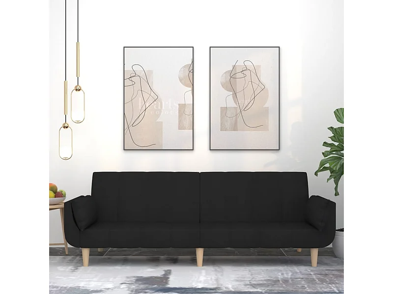 Canapé convertible à 2 places avec deux oreillers noir tissu FR90284