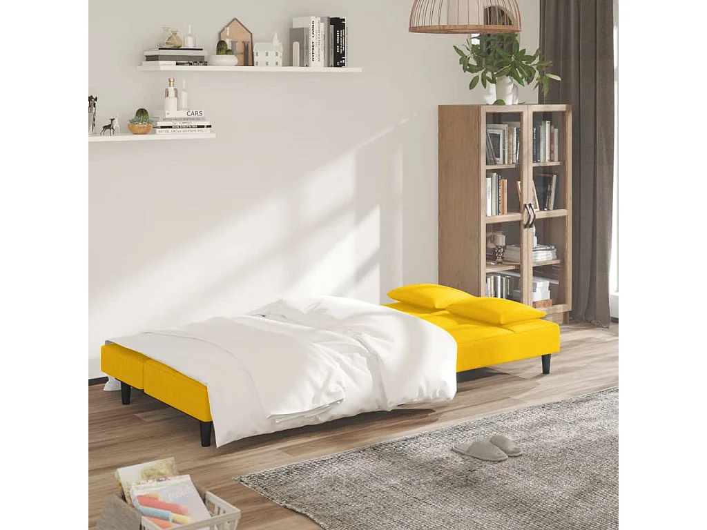 Canapé convertible à 2 places avec deux oreillers Jaune Velours FR70762