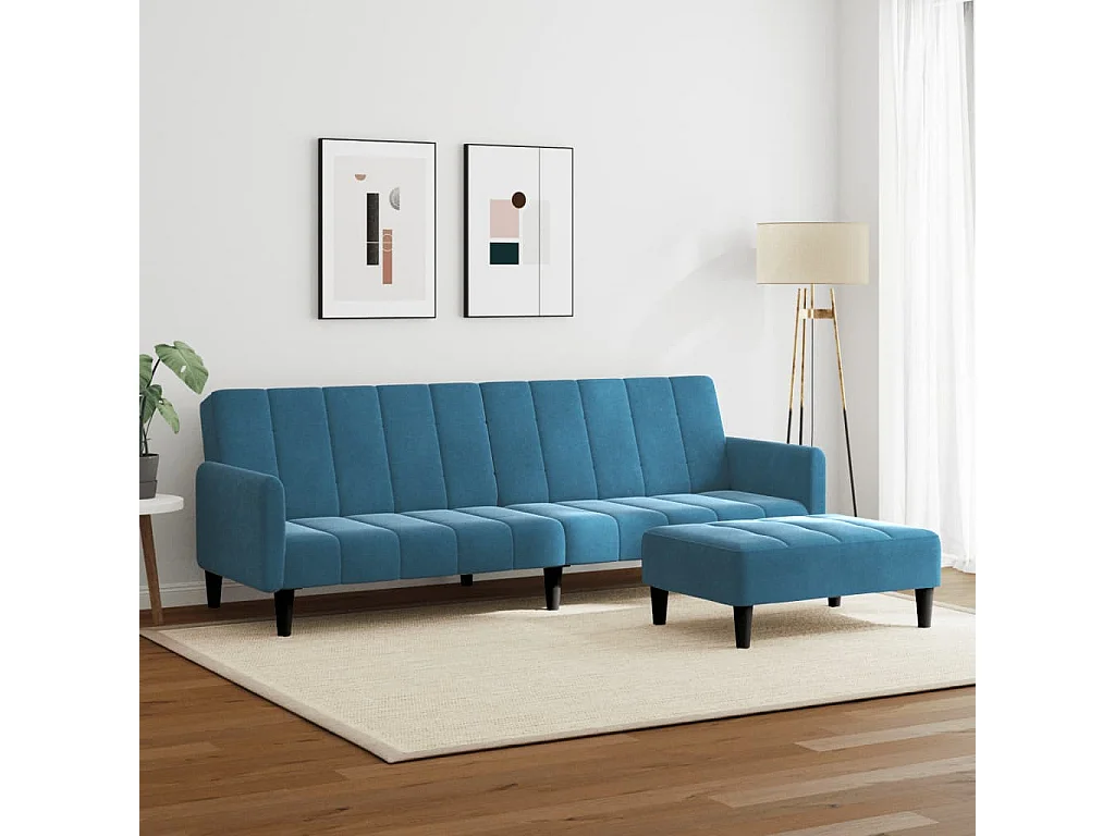 Canapé convertible à 2 places avec repose-pied bleu velours FR83154