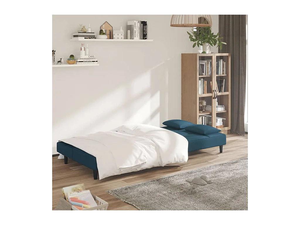 Canapé convertible à 2 places avec deux oreillers bleu velours FR80645