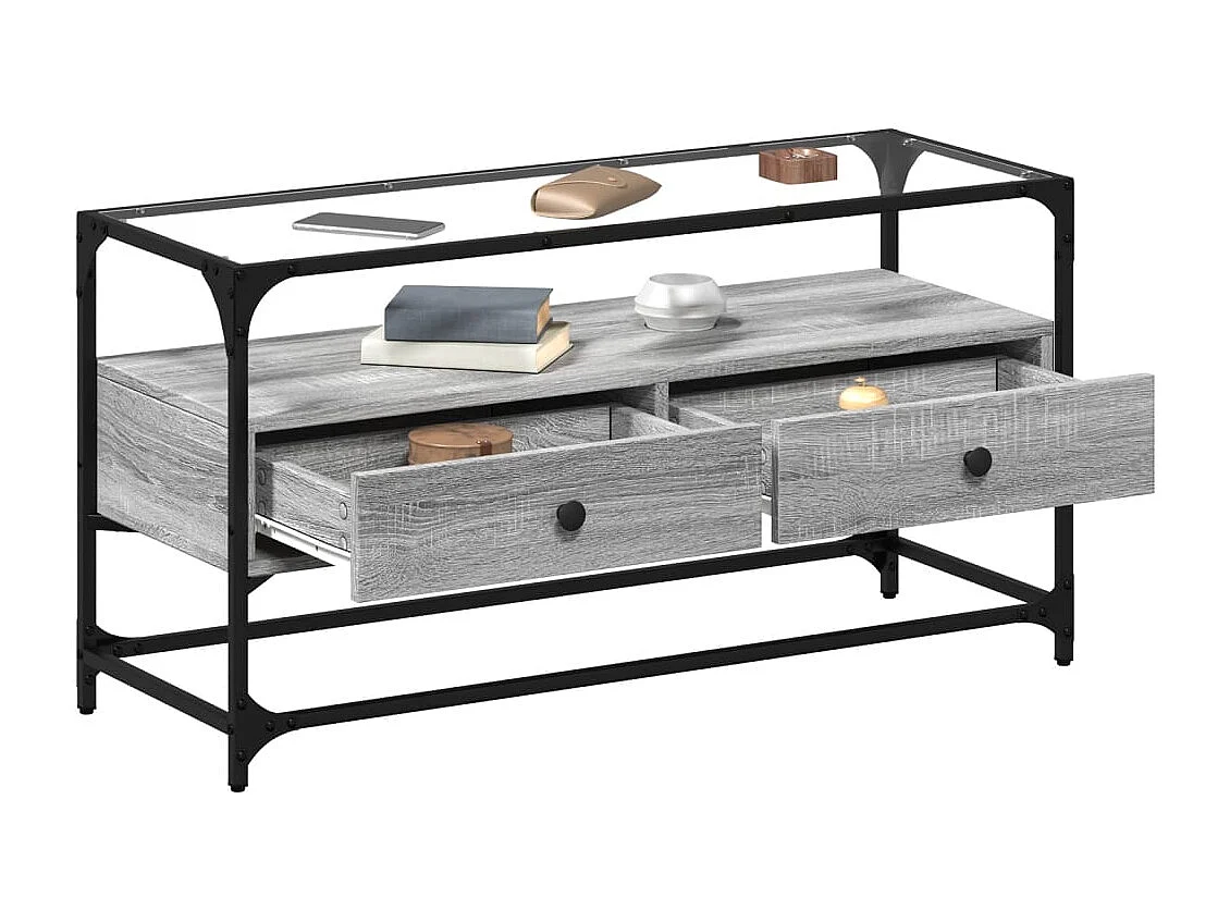 Tv-meubel met glazen blad 98x35x51 cm bewerkt hout grijs sonoma BE143501