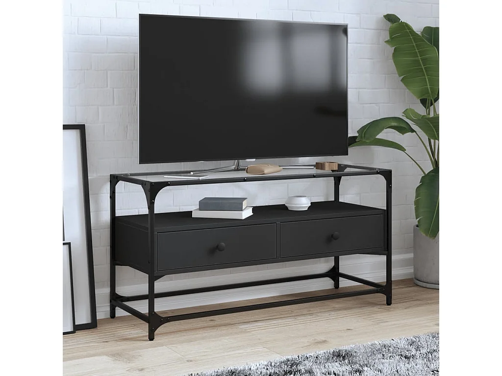 Mueble TV cristal y madera ingeniería negro 98x35x51 cm ES195497