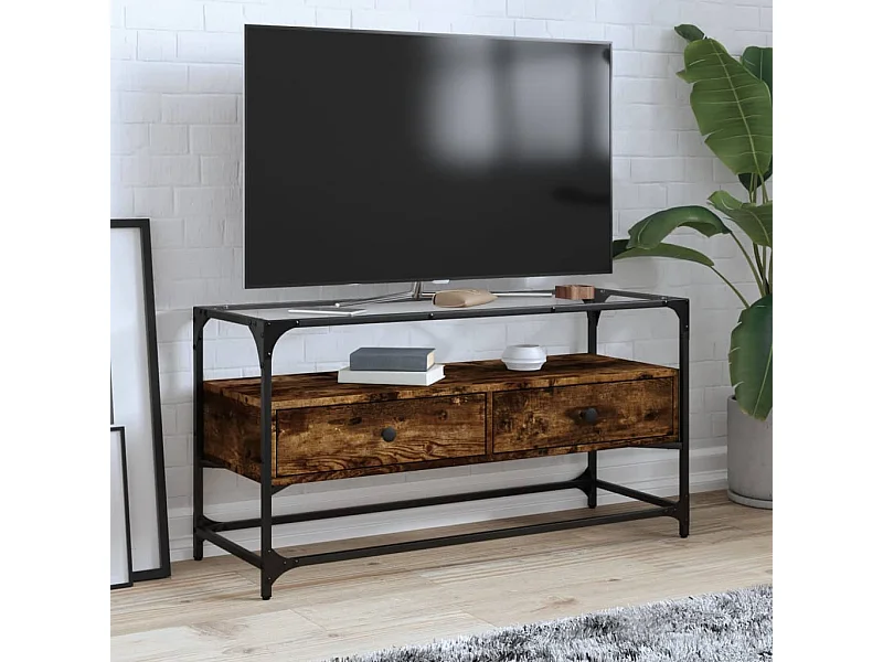 Tv-meubel met glazen blad 98x35x51 cm hout gerookt eikenkleurig BE202434