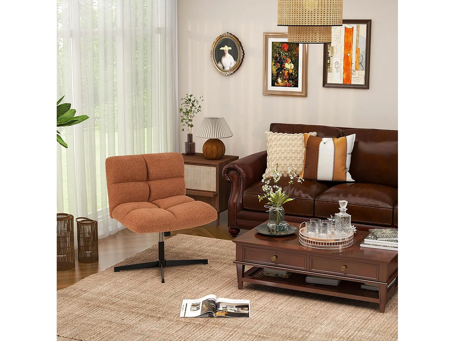 Fauteuil de Salon en Tissu Bouclette, Chaise Coiffeuse à Pieds Croisés Métal, Hauteur Réglable, pour Salon, Chambre, Bureau, Charge 150 kg, Marron