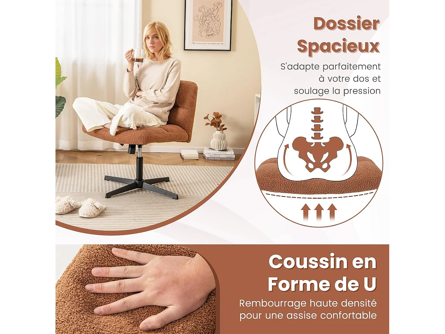 Fauteuil de Salon en Tissu Bouclette, Chaise Coiffeuse à Pieds Croisés Métal, Hauteur Réglable, pour Salon, Chambre, Bureau, Charge 150 kg, Marron