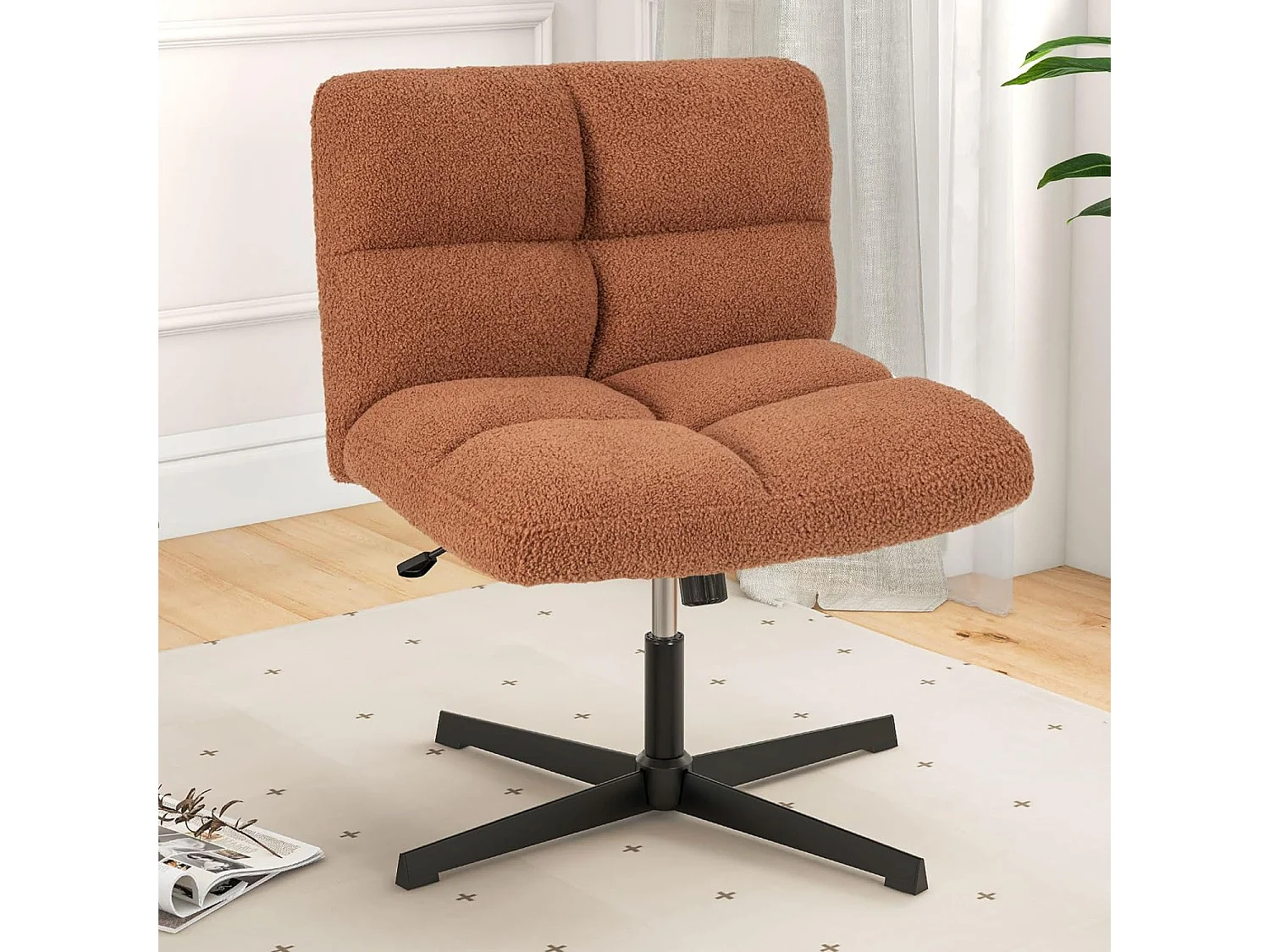 Fauteuil de Salon en Tissu Bouclette, Chaise Coiffeuse à Pieds Croisés Métal, Hauteur Réglable, pour Salon, Chambre, Bureau, Charge 150 kg, Marron