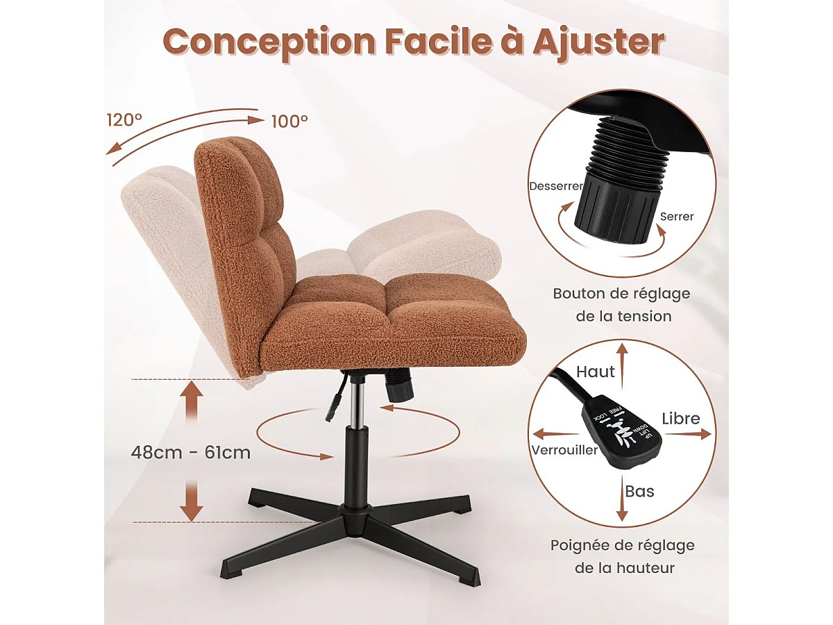 Fauteuil de Salon en Tissu Bouclette, Chaise Coiffeuse à Pieds Croisés Métal, Hauteur Réglable, pour Salon, Chambre, Bureau, Charge 150 kg, Marron