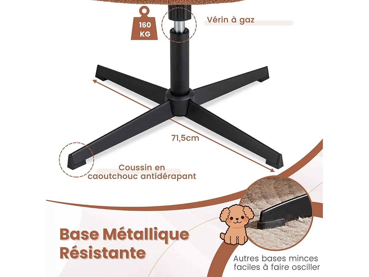 Fauteuil de Salon en Tissu Bouclette, Chaise Coiffeuse à Pieds Croisés Métal, Hauteur Réglable, pour Salon, Chambre, Bureau, Charge 150 kg, Marron