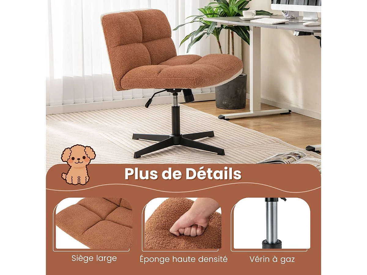 Fauteuil de Salon en Tissu Bouclette, Chaise Coiffeuse à Pieds Croisés Métal, Hauteur Réglable, pour Salon, Chambre, Bureau, Charge 150 kg, Marron