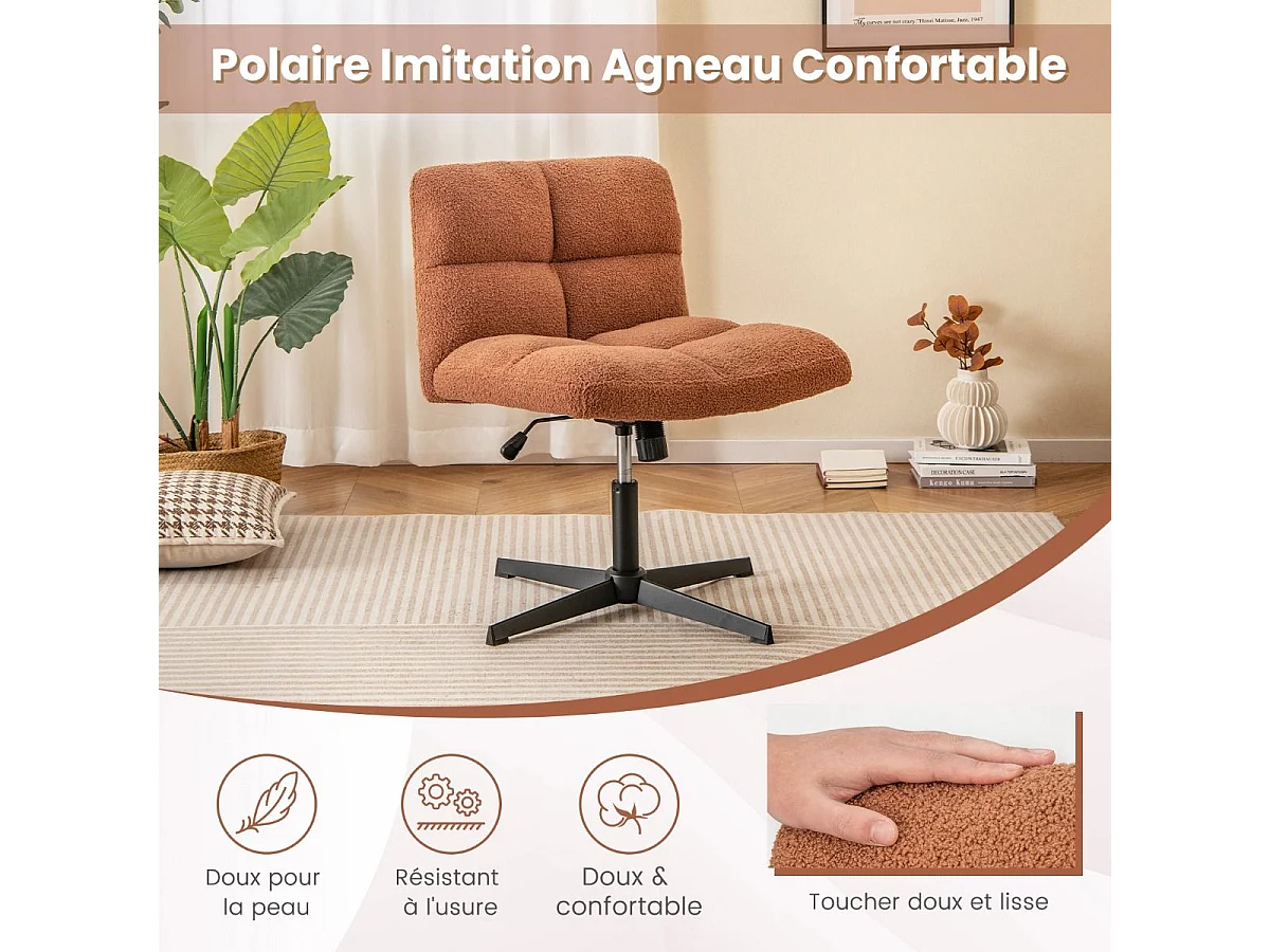 Fauteuil de Salon en Tissu Bouclette, Chaise Coiffeuse à Pieds Croisés Métal, Hauteur Réglable, pour Salon, Chambre, Bureau, Charge 150 kg, Marron
