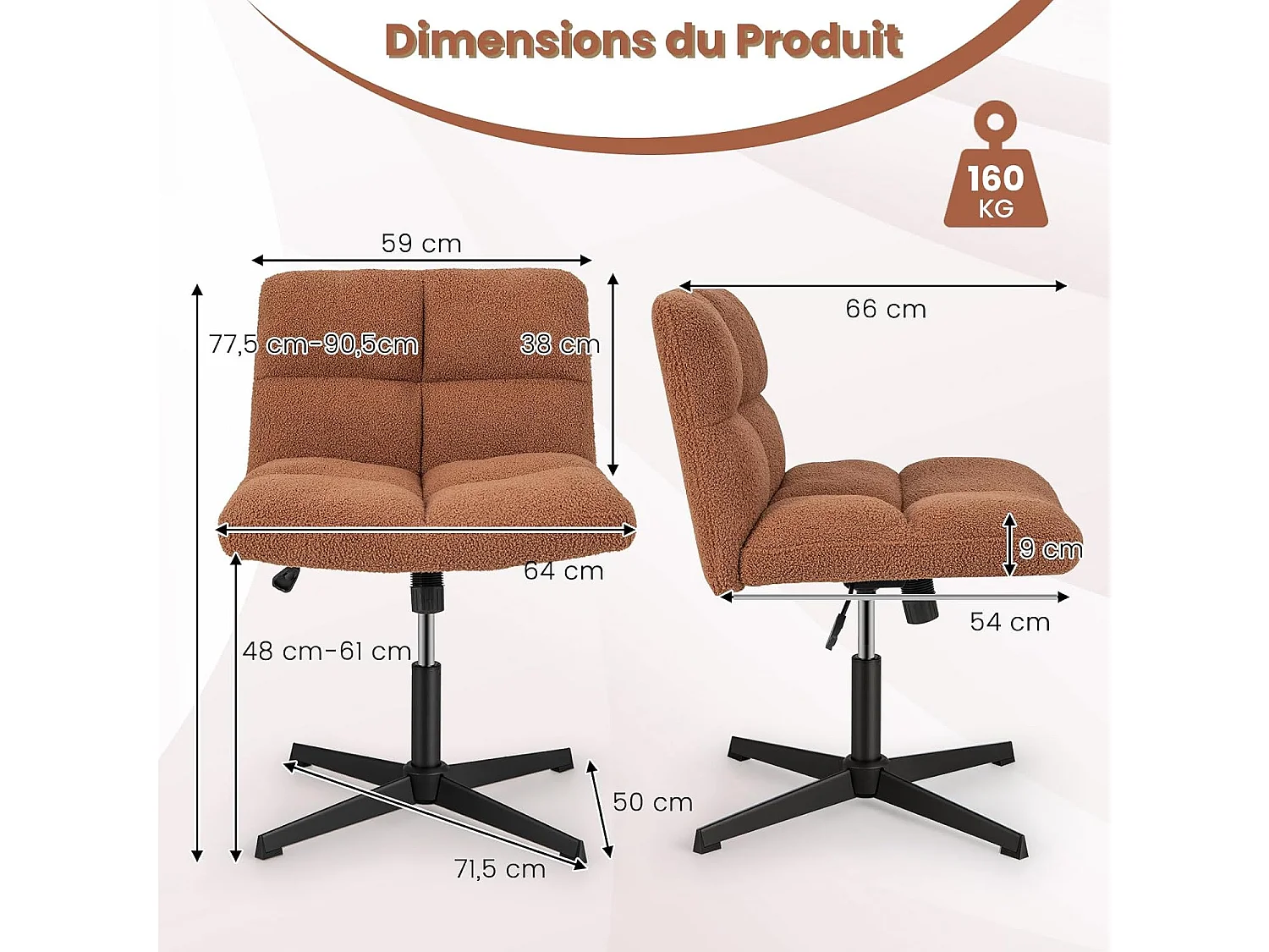Fauteuil de Salon en Tissu Bouclette, Chaise Coiffeuse à Pieds Croisés Métal, Hauteur Réglable, pour Salon, Chambre, Bureau, Charge 150 kg, Marron
