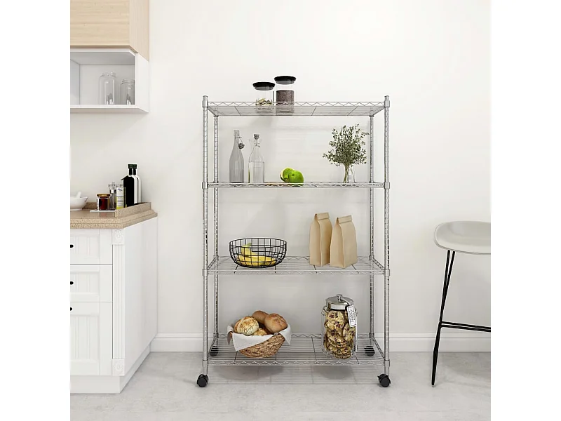 Étagère de rangement 4 niveaux et roues 90x35x142 cm chrome FR24522