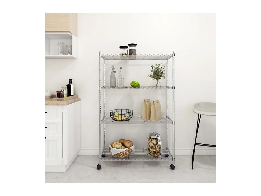 Étagère de rangement 4 niveaux et roues 90x35x142 cm chrome FR24522
