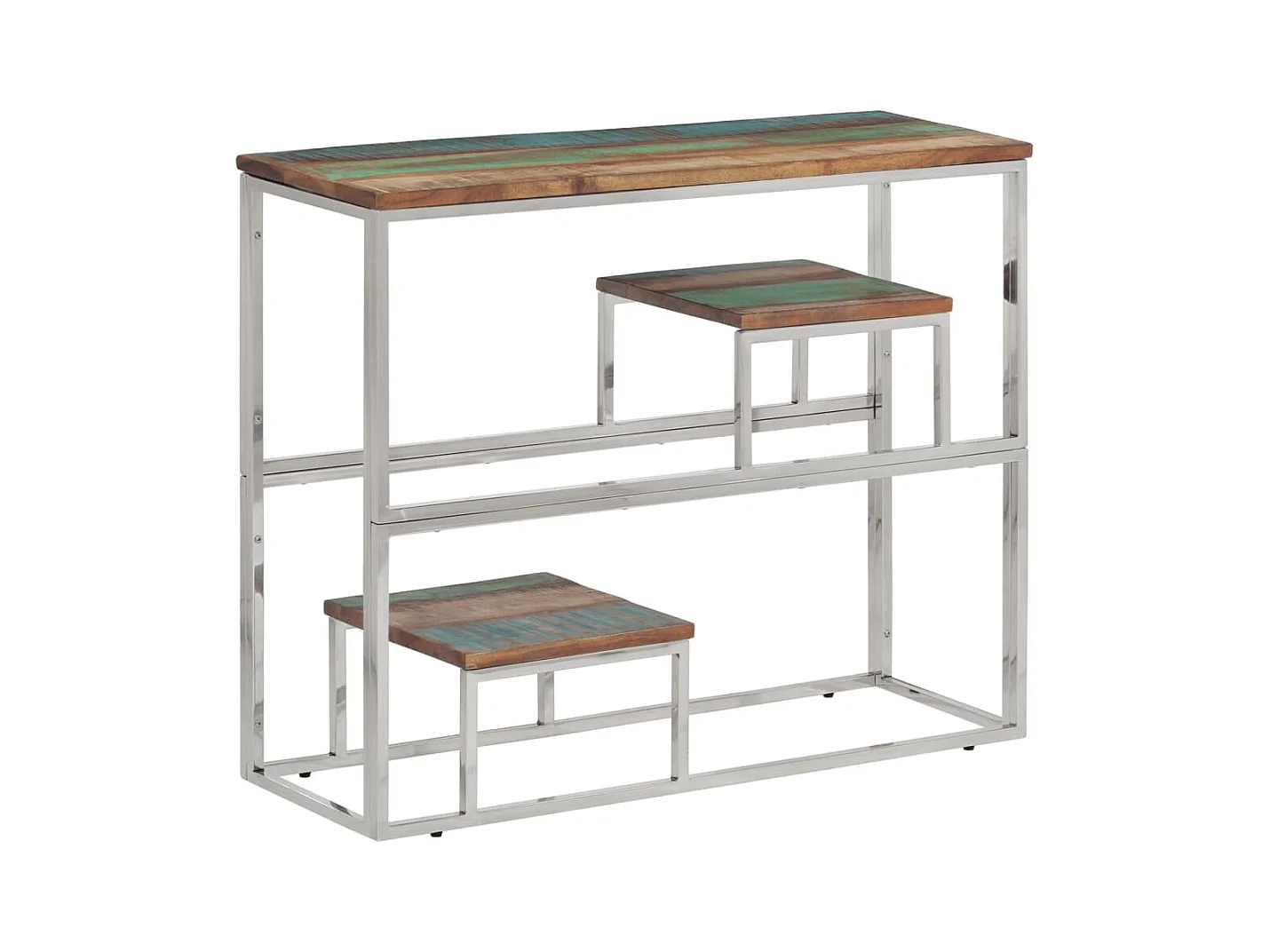 Table console argenté acier inoxydable/bois massif récupération FR77805