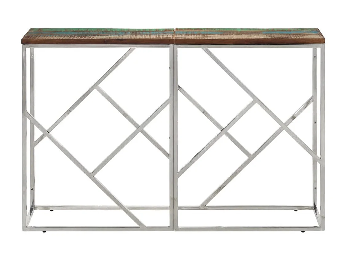 Table console argenté acier inoxydable/bois massif récupération FR70516
