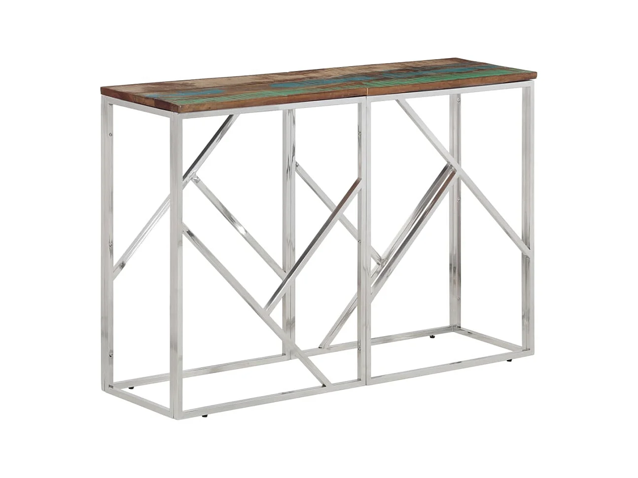 Table console argenté acier inoxydable/bois massif récupération FR70516