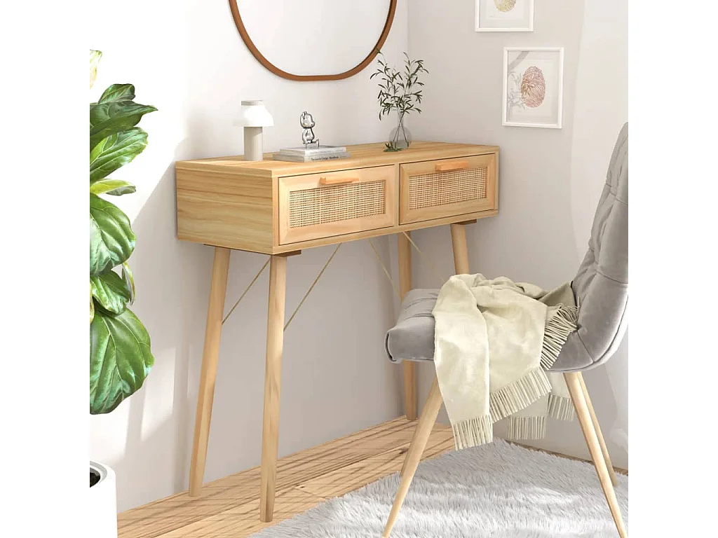 Table console Marron 80x30x75 cm Bois massif pin /rotin naturel FR21523