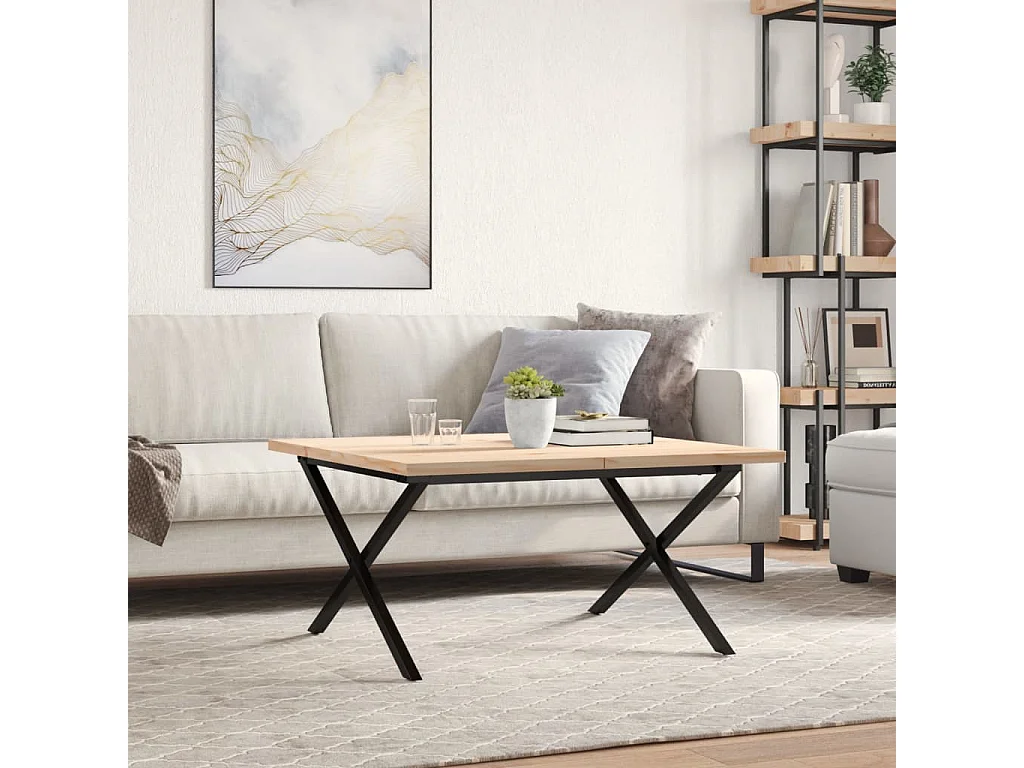 Table basse cadre en X 80x80x45,5cm bois de pin massif et fonte FR11506