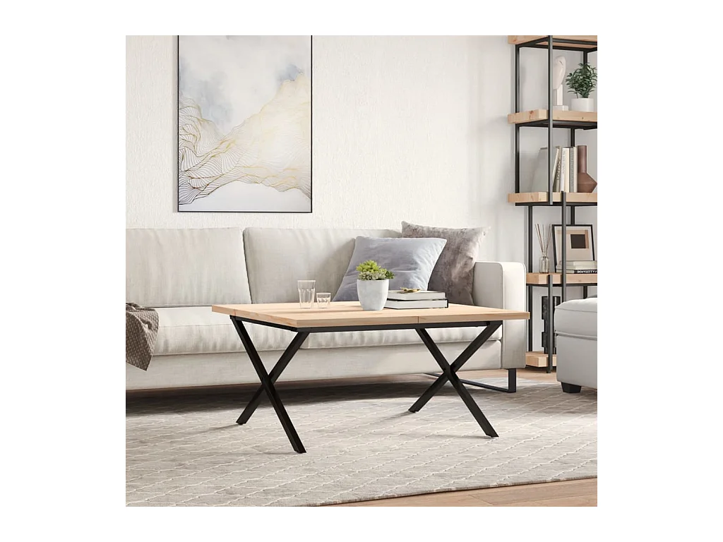 Table basse cadre en X 80x80x45,5cm bois de pin massif et fonte FR11506