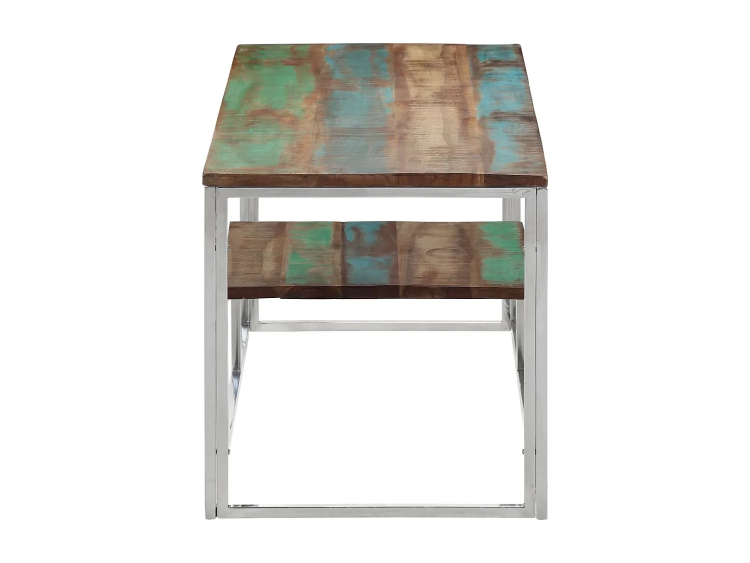 Table basse argenté acier inoxydable/bois massif récupération FR19371