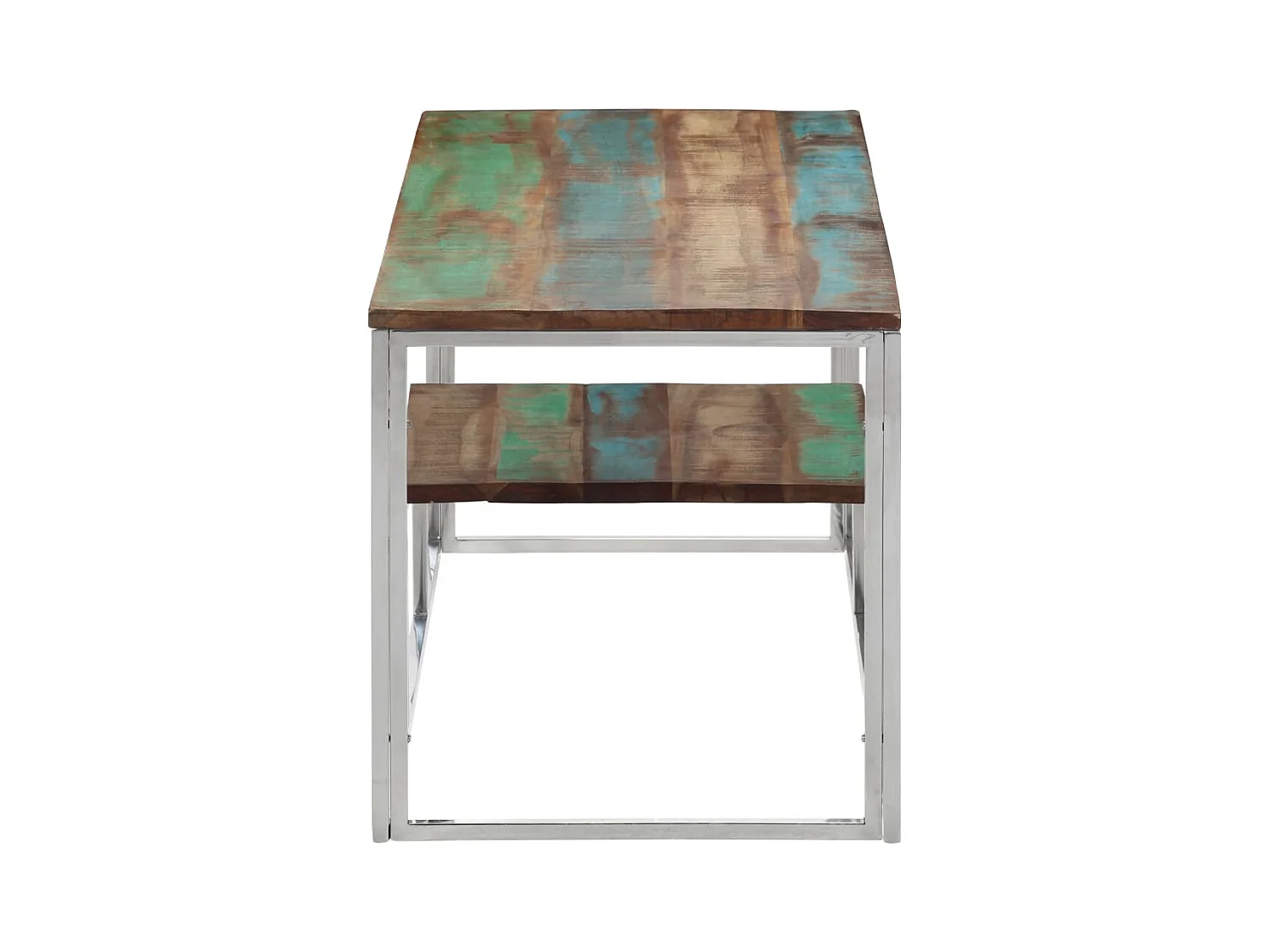 Table basse argenté acier inoxydable/bois massif récupération FR19371