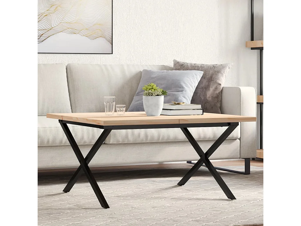 Table basse cadre en X 90x90x45,5cm bois de pin massif et fonte FR98588