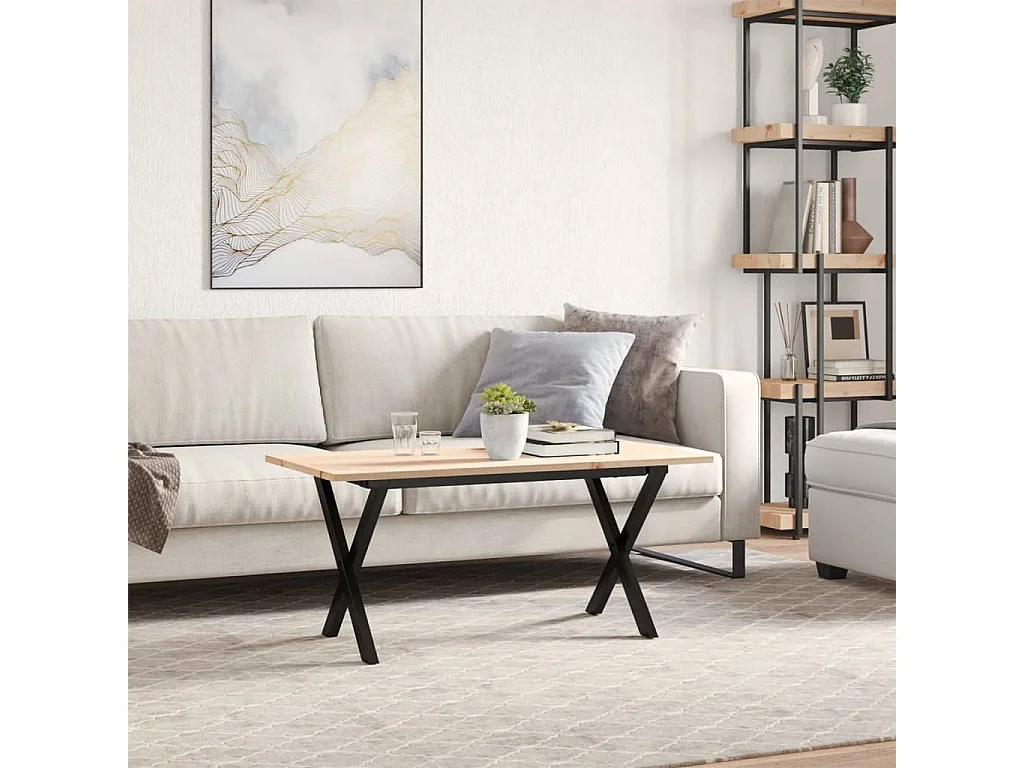 Table basse cadre en X 100x50x45 cm bois de pin massif et fonte FR46754