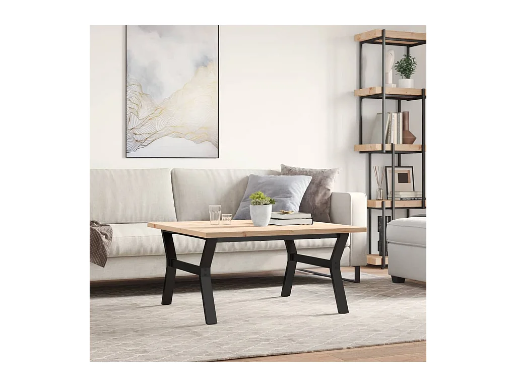 Table basse cadre en Y 90x90x45,5cm bois de pin massif et fonte FR80756