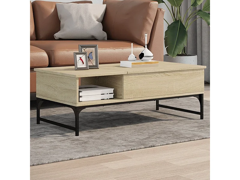 Mesa de centro madera ingeniería metal roble Sonoma 100x50x35cm ES357347