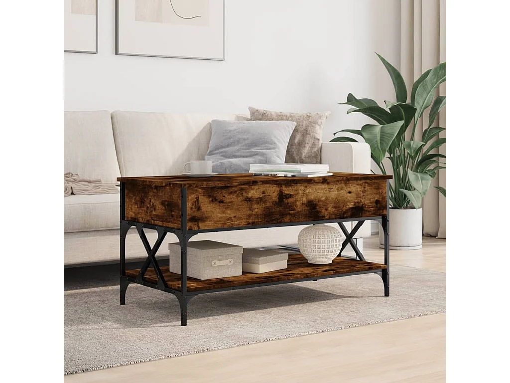 Table basse chêne fumé 100x50x50 cm bois d'ingénierie et métal FR24220