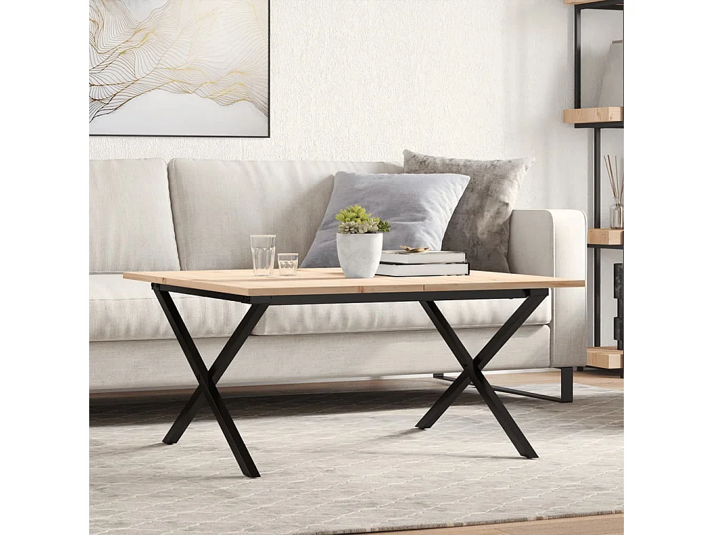 Table basse cadre en X 90x90x45 cm bois de pin massif et fonte FR38294