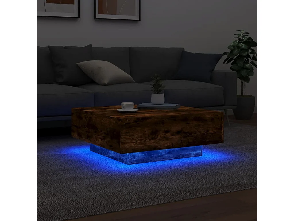 Table basse avec lumières LED chêne fumé 80x80x31 cm FR24612