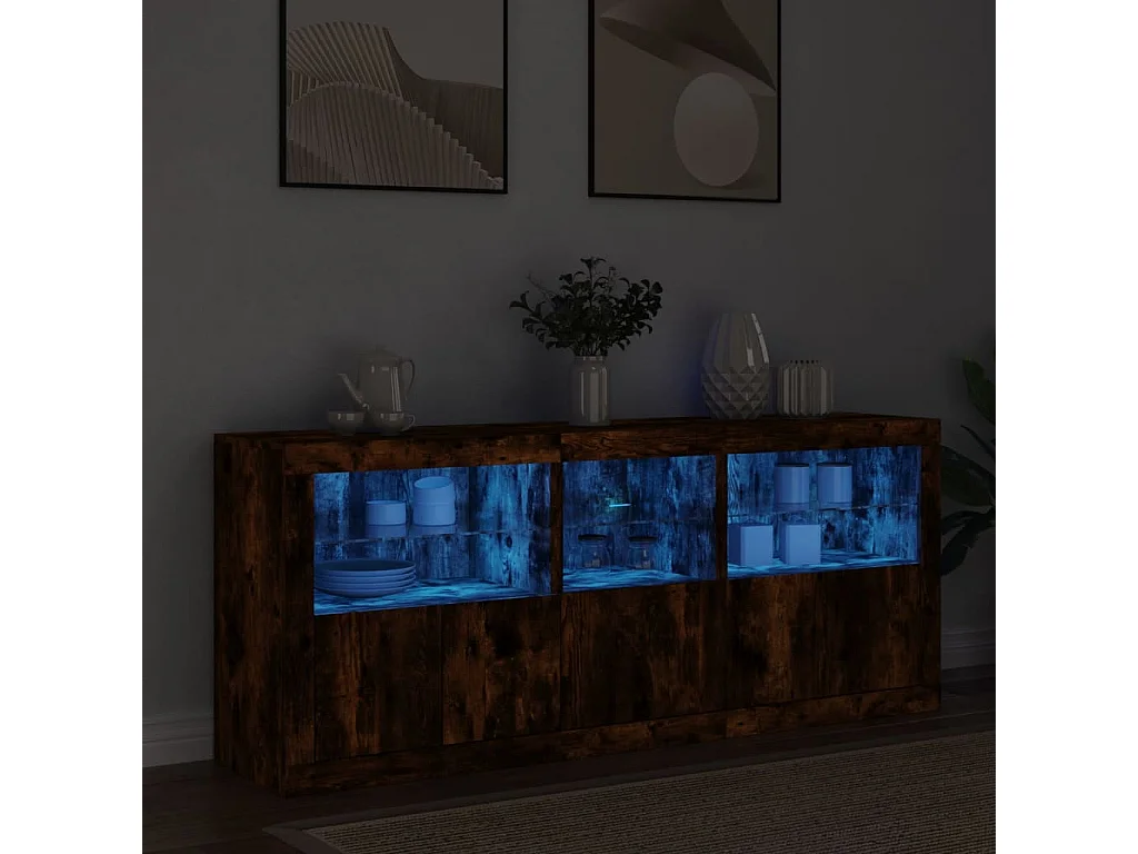 Buffet avec lumières LED chêne fumé 162x37x67 cm FR45788
