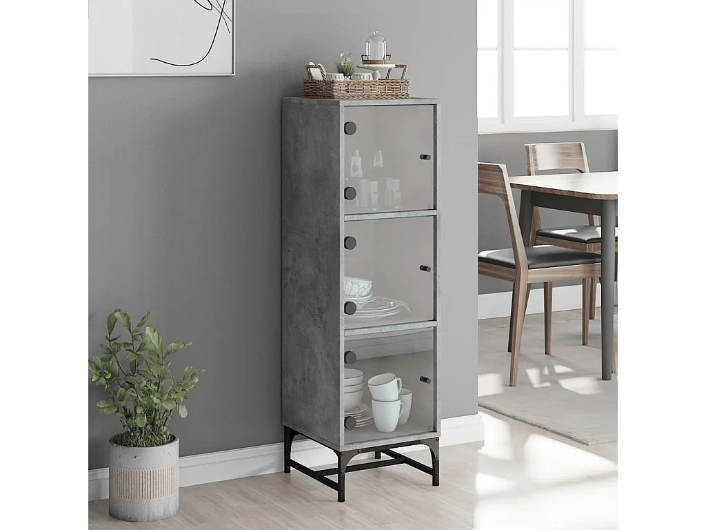 Buffet haut avec portes en verre gris béton 35x37x120 cm FR37643