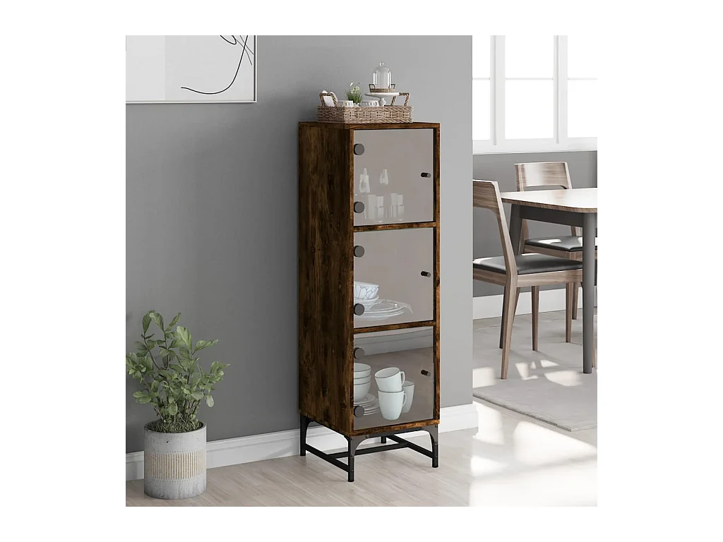 Buffet haut avec portes en verre chêne fumé 35x37x120 cm FR72345