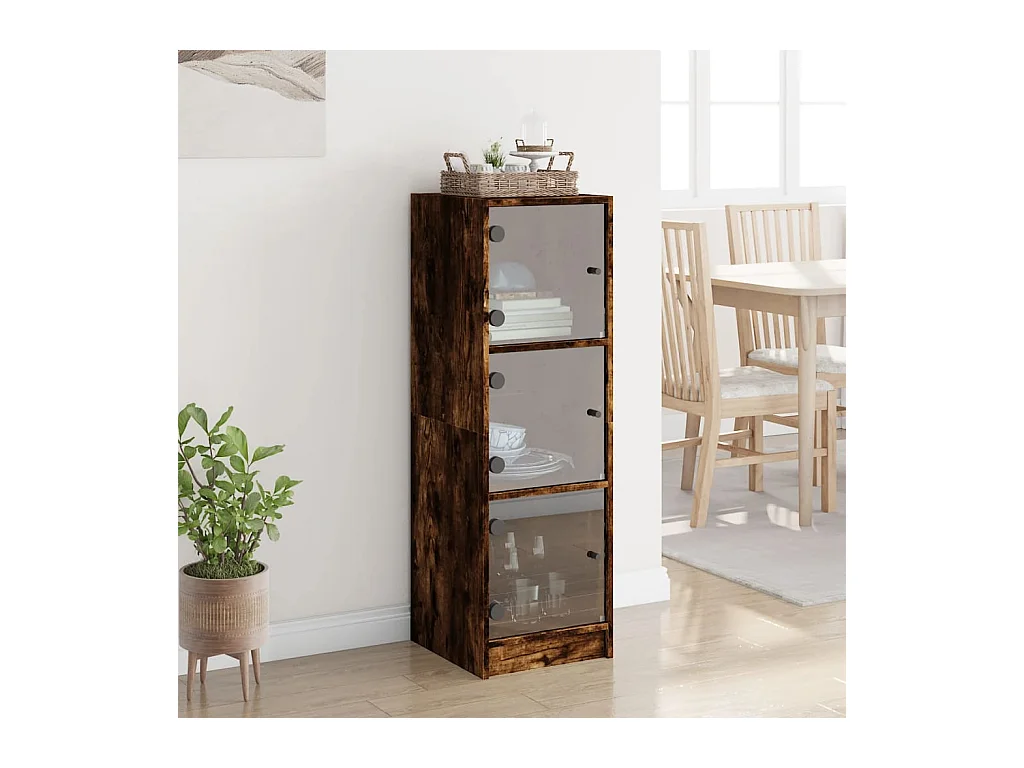 Buffet haut avec portes en verre chêne fumé 35x37x109 cm FR14190