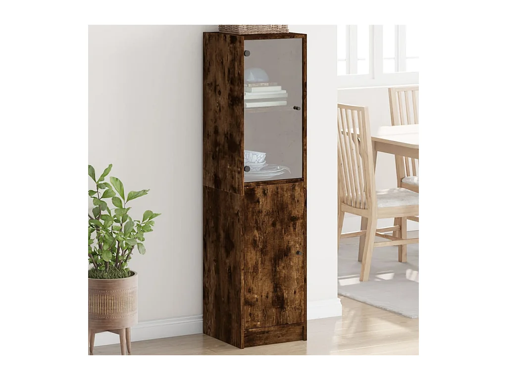 Buffet haut avec porte en verre chêne fumé 35x37x142 cm FR45673