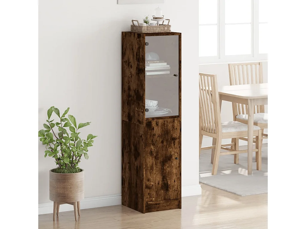 Buffet haut avec porte en verre chêne fumé 35x37x142 cm FR45673