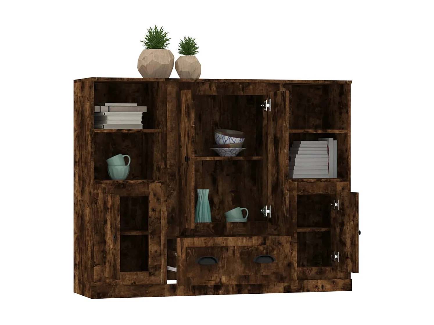 Hoge kasten 3 st bewerkt hout gerookt eikenkleurig BE160441