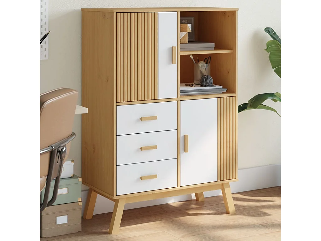 Buffet haut OLDEN blanc marron 85x43x125 cm bois massif de pin FR78495