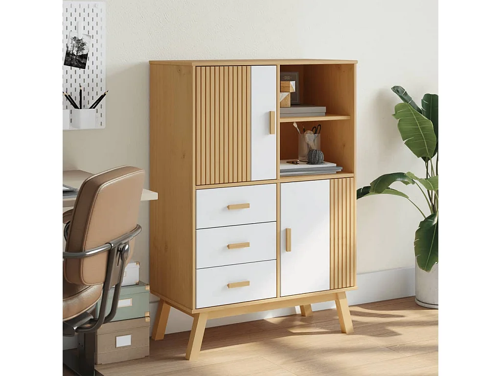 Buffet haut OLDEN blanc marron 85x43x125 cm bois massif de pin FR78495