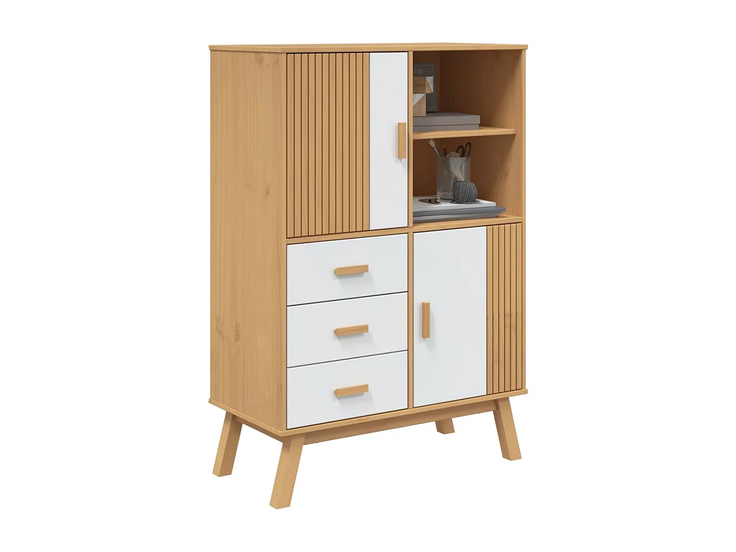Buffet haut OLDEN blanc marron 85x43x125 cm bois massif de pin FR78495