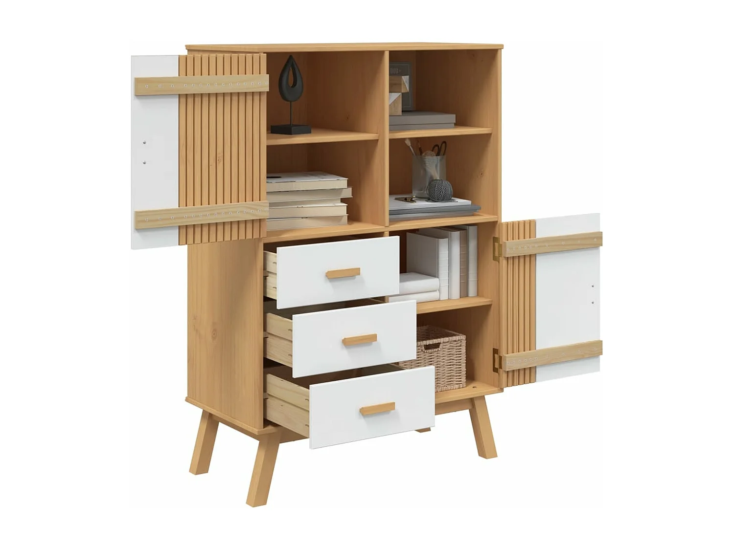 Buffet haut OLDEN blanc marron 85x43x125 cm bois massif de pin FR78495