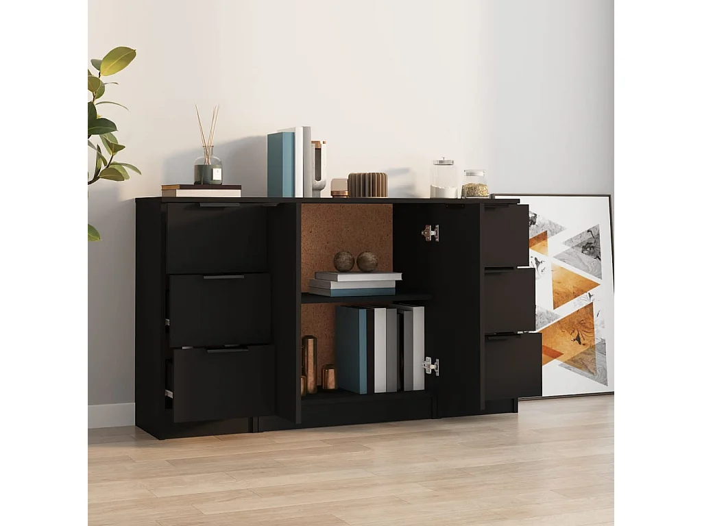 Buffets 3 pcs noir bois d'ingénierie FR70366