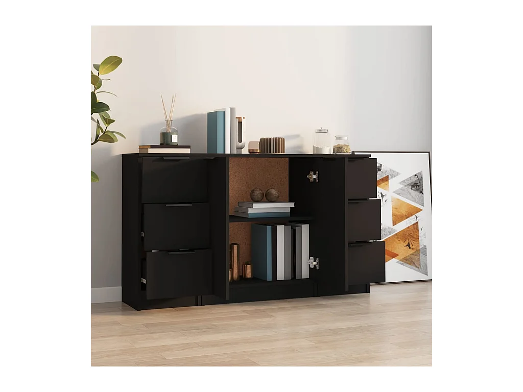 Buffets 3 pcs noir bois d'ingénierie FR70366