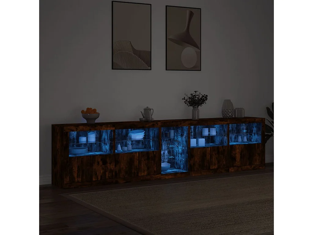 Aparador con luces LED roble ahumado 283x37x67 cm ES244836